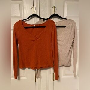 BP Long Sleeve V-Neck Tops - Rust and Beige